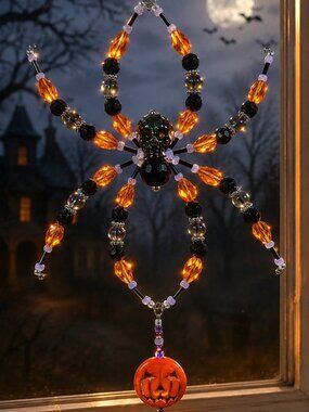 Hand Crafted "Skull & Shadows" Spider Sun Catcher with Pumpkin & Skull Charms